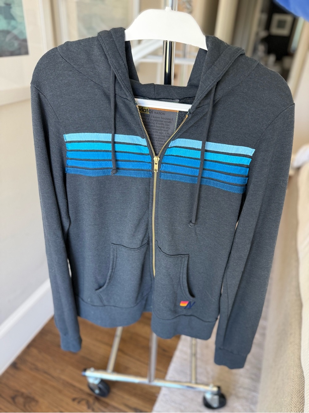 Aviator Nation Five Stripe Hoodie in Charcoal + Blue